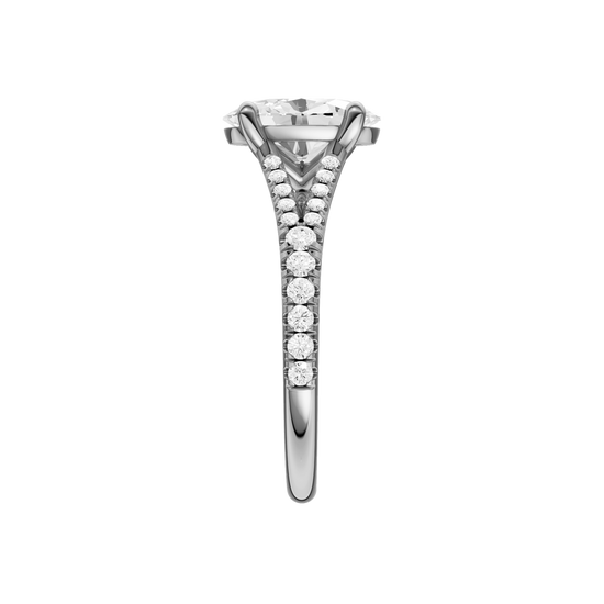 A side view of the Oval cut diamond engagement ring in 14k white gold with a prong band and solitaire setting