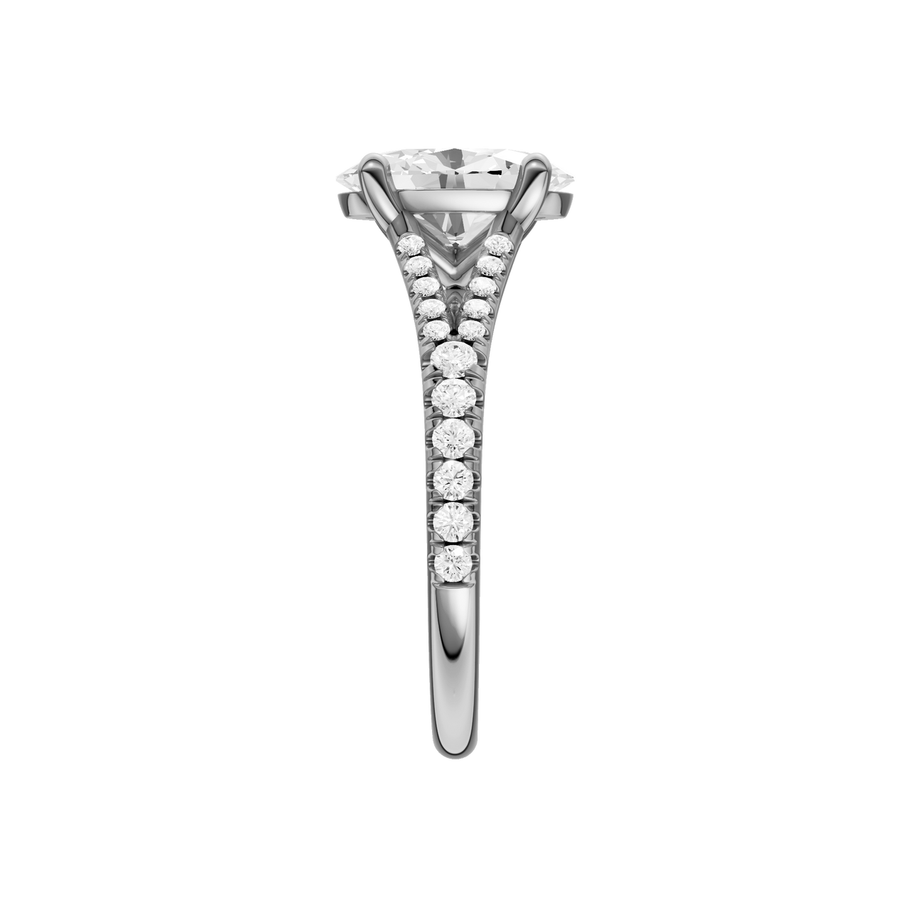 A side view of the Oval cut diamond engagement ring in 14k white gold with a prong band and solitaire setting