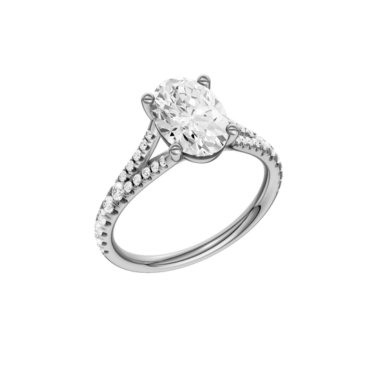 A three-quarter view of the Oval cut diamond engagement ring in 14k white gold with a prong band and solitaire setting