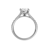 A profile view of the Oval cut diamond engagement ring in 14k white gold with a prong band and solitaire setting