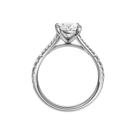 A profile view of the Oval cut diamond engagement ring in platinum with a prong band and solitaire setting