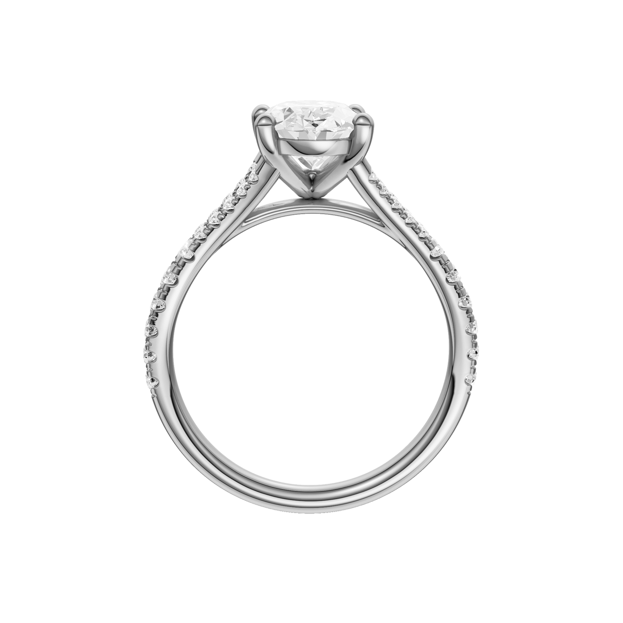 A profile view of the Oval cut diamond engagement ring in platinum with a prong band and solitaire setting