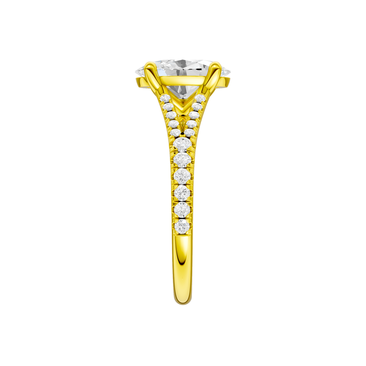 A side view of the Oval cut diamond engagement ring in 14k yellow gold with a prong band and solitaire setting