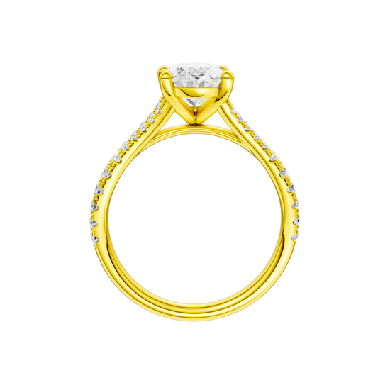 A profile view of the Oval cut diamond engagement ring in 14k yellow gold with a prong band and solitaire setting
