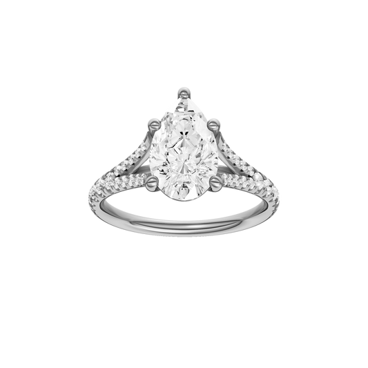 A front view of the Pear cut diamond engagement ring in 14k white gold with a prong band and solitaire setting