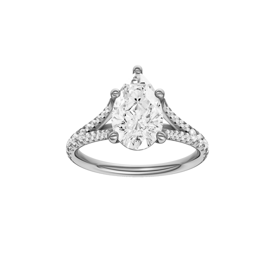 A front view of the Pear cut diamond engagement ring in platinum with a prong band and solitaire setting