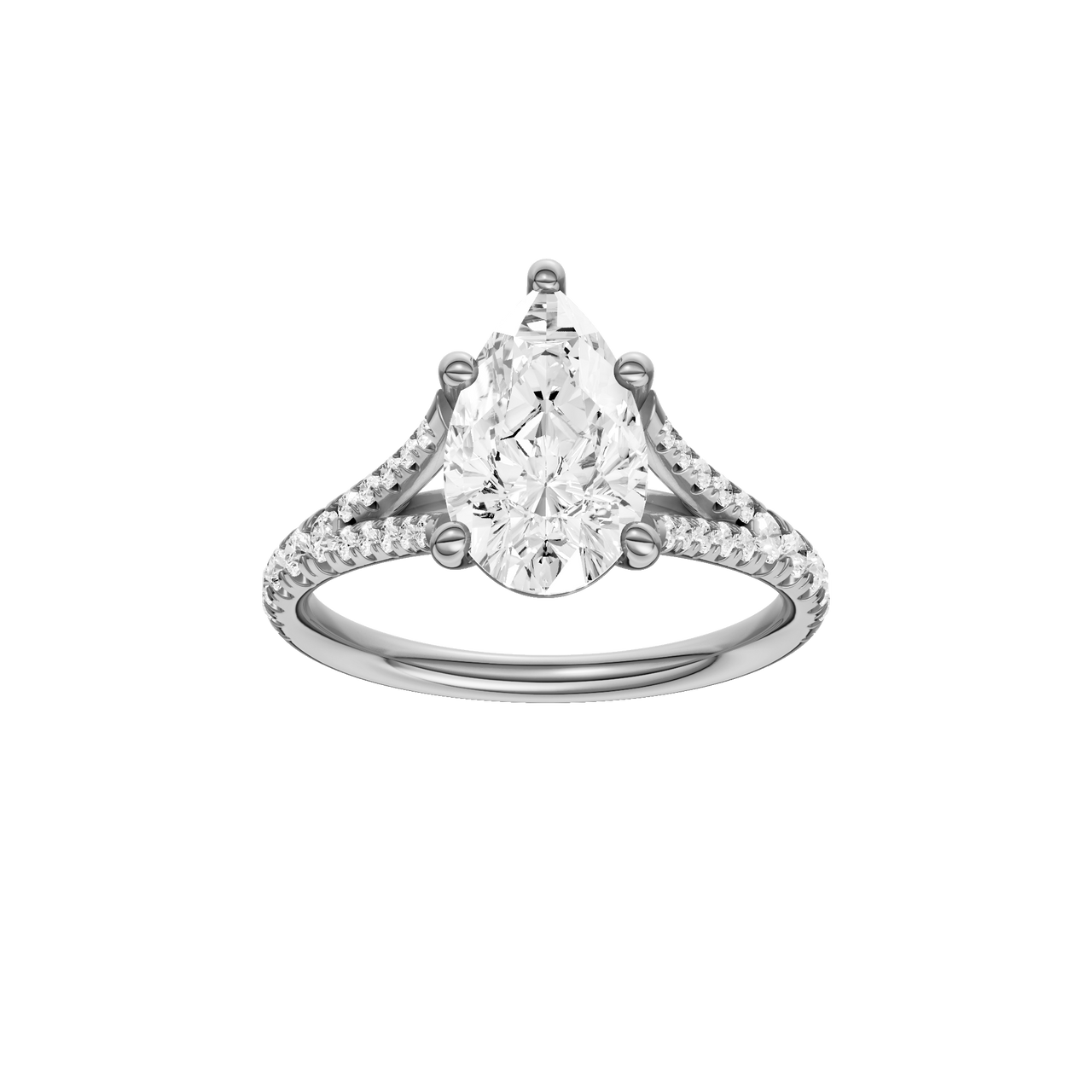 A front view of the Pear cut diamond engagement ring in platinum with a prong band and solitaire setting
