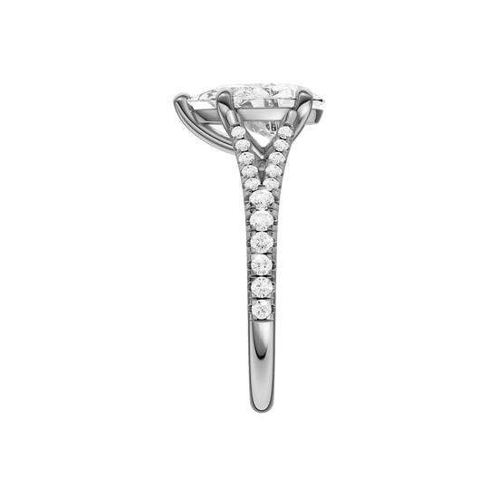 A side view of the Pear cut diamond engagement ring in 14k white gold with a prong band and solitaire setting