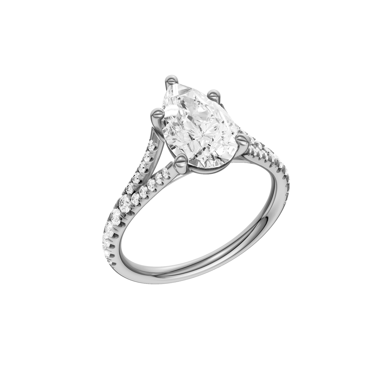 A three-quarter view of the Pear cut diamond engagement ring in 14k white gold with a prong band and solitaire setting