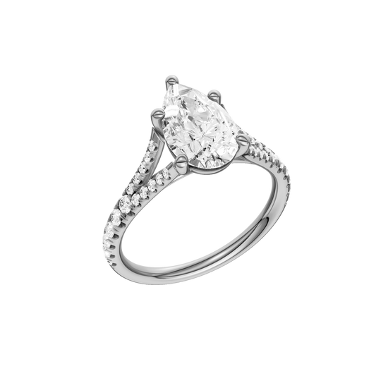 A three-quarter view of the Pear cut diamond engagement ring in platinum with a prong band and solitaire setting