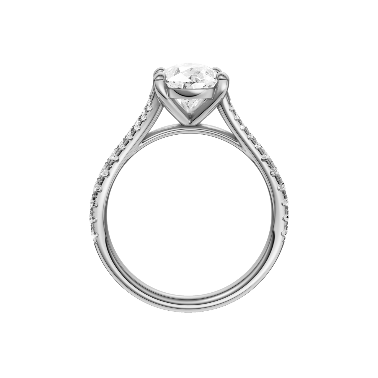 A profile view of the Pear cut diamond engagement ring in platinum with a prong band and solitaire setting