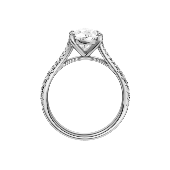 A profile view of the Pear cut diamond engagement ring in 14k white gold with a prong band and solitaire setting