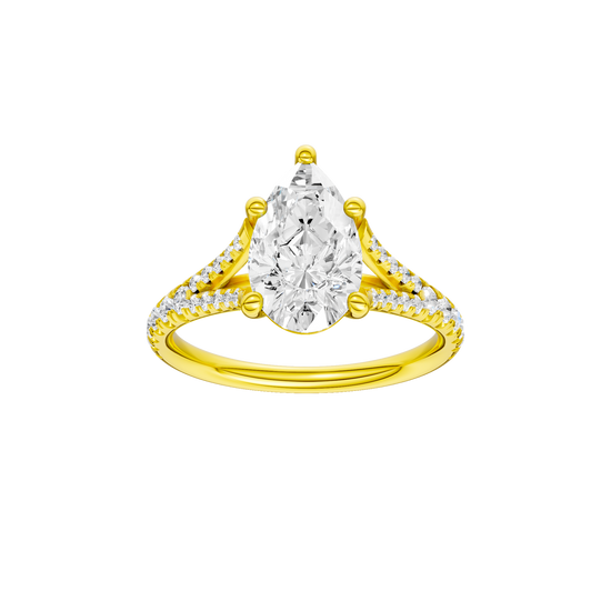 A front view of the Pear cut diamond engagement ring in 14k yellow gold with a prong band and solitaire setting