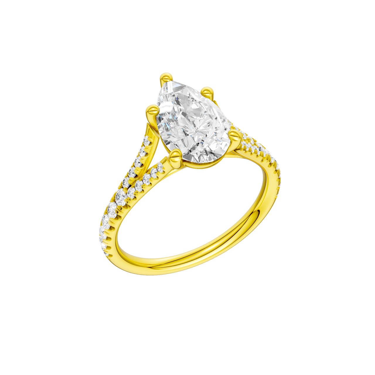 A three-quarter view of the Pear cut diamond engagement ring in 14k yellow gold with a prong band and solitaire setting