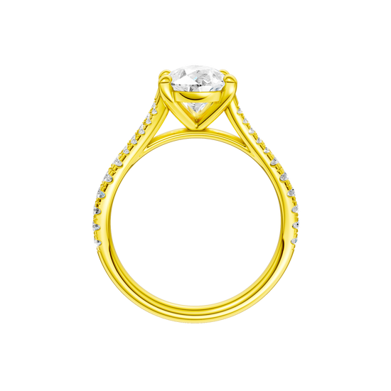 A profile view of the Pear cut diamond engagement ring in 14k yellow gold with a prong band and solitaire setting