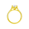 A profile view of the Pear cut diamond engagement ring in 14k yellow gold with a prong band and solitaire setting
