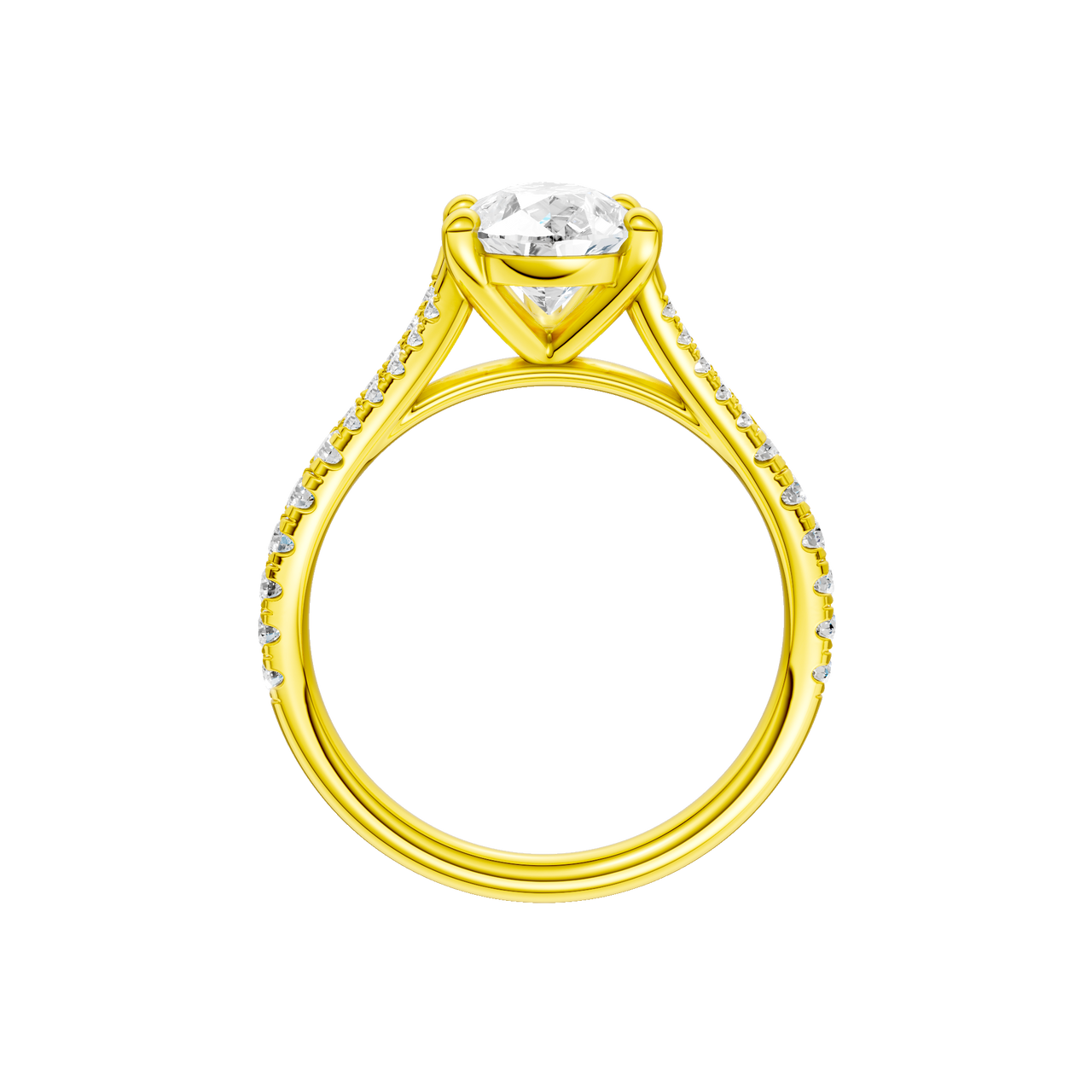 A profile view of the Pear cut diamond engagement ring in 14k yellow gold with a prong band and solitaire setting