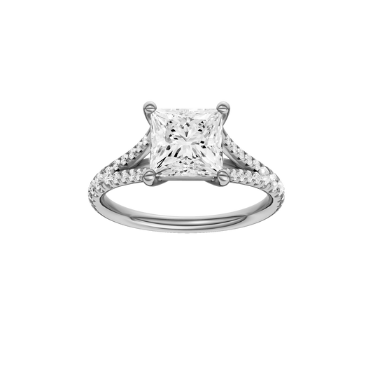 A front view of the Emerald cut diamond engagement ring in 14k white gold with a prong band and solitaire setting