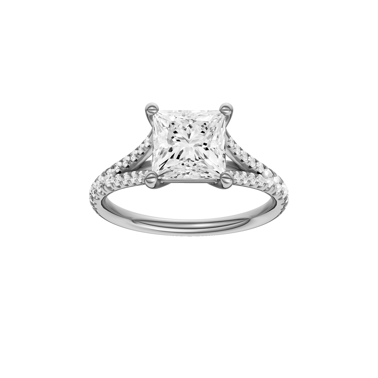 A front view of the Princess cut diamond engagement ring in 14k white gold with a prong band and solitaire setting
