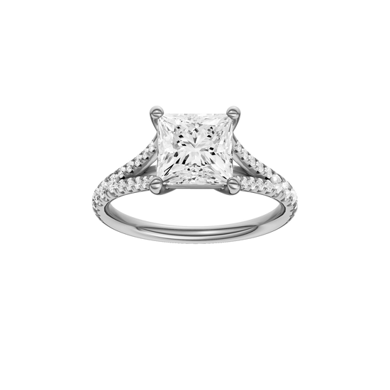 A front view of the Princess cut diamond engagement ring in platinum with a prong band and solitaire setting