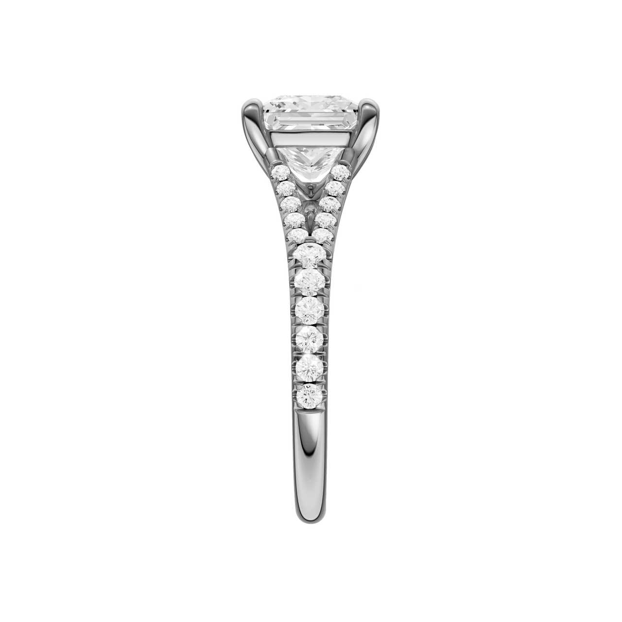 A side view of the Princess cut diamond engagement ring in 14k white gold with a prong band and solitaire setting