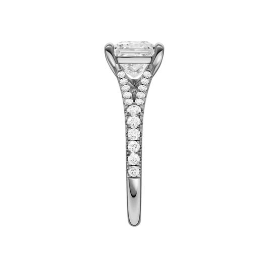 A side view of the Princess cut diamond engagement ring in 14k white gold with a prong band and solitaire setting