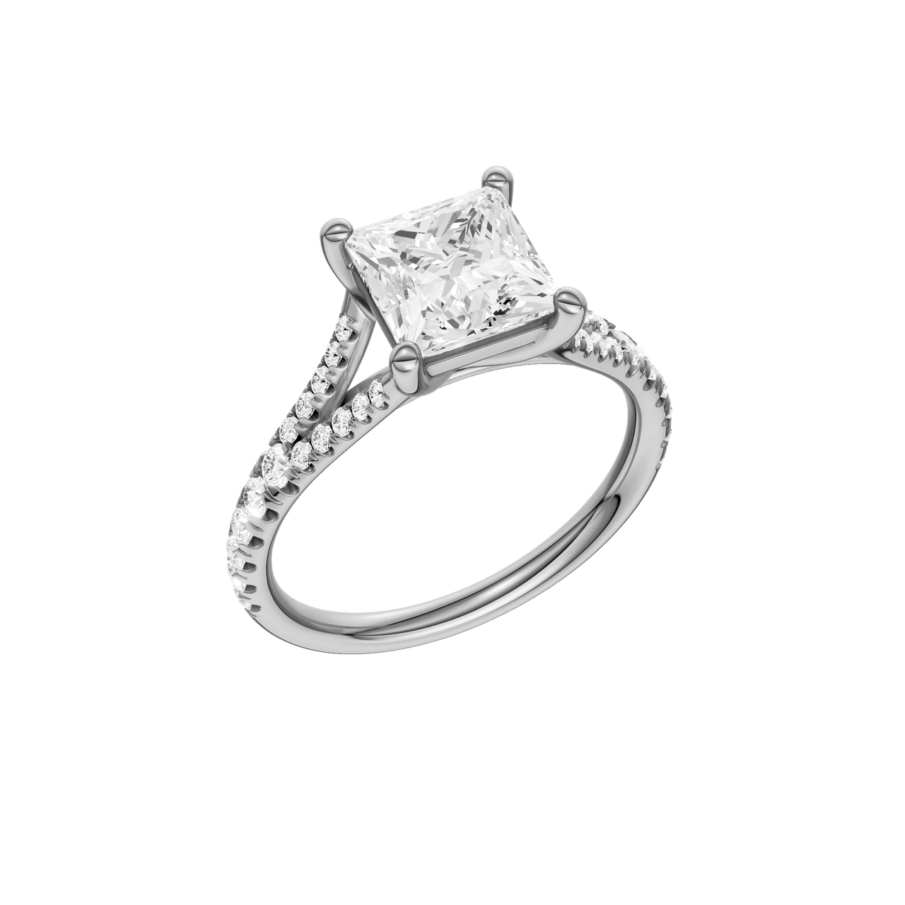 A three-quarter view of the Princess cut diamond engagement ring in platinum with a prong band and solitaire setting