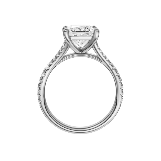 A profile view of the Princess cut diamond engagement ring in 14k white gold with a prong band and solitaire setting