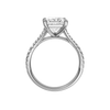 A profile view of the Emerald cut diamond engagement ring in 14k white gold with a prong band and solitaire setting