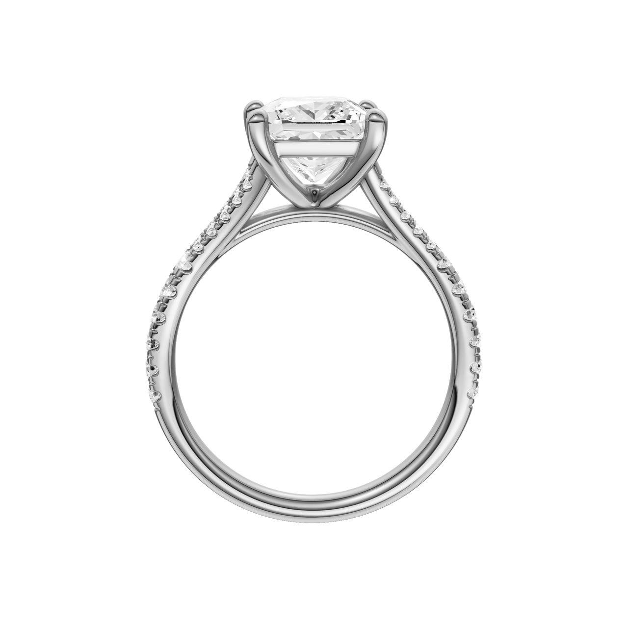 A profile view of the Emerald cut diamond engagement ring in 14k white gold with a prong band and solitaire setting