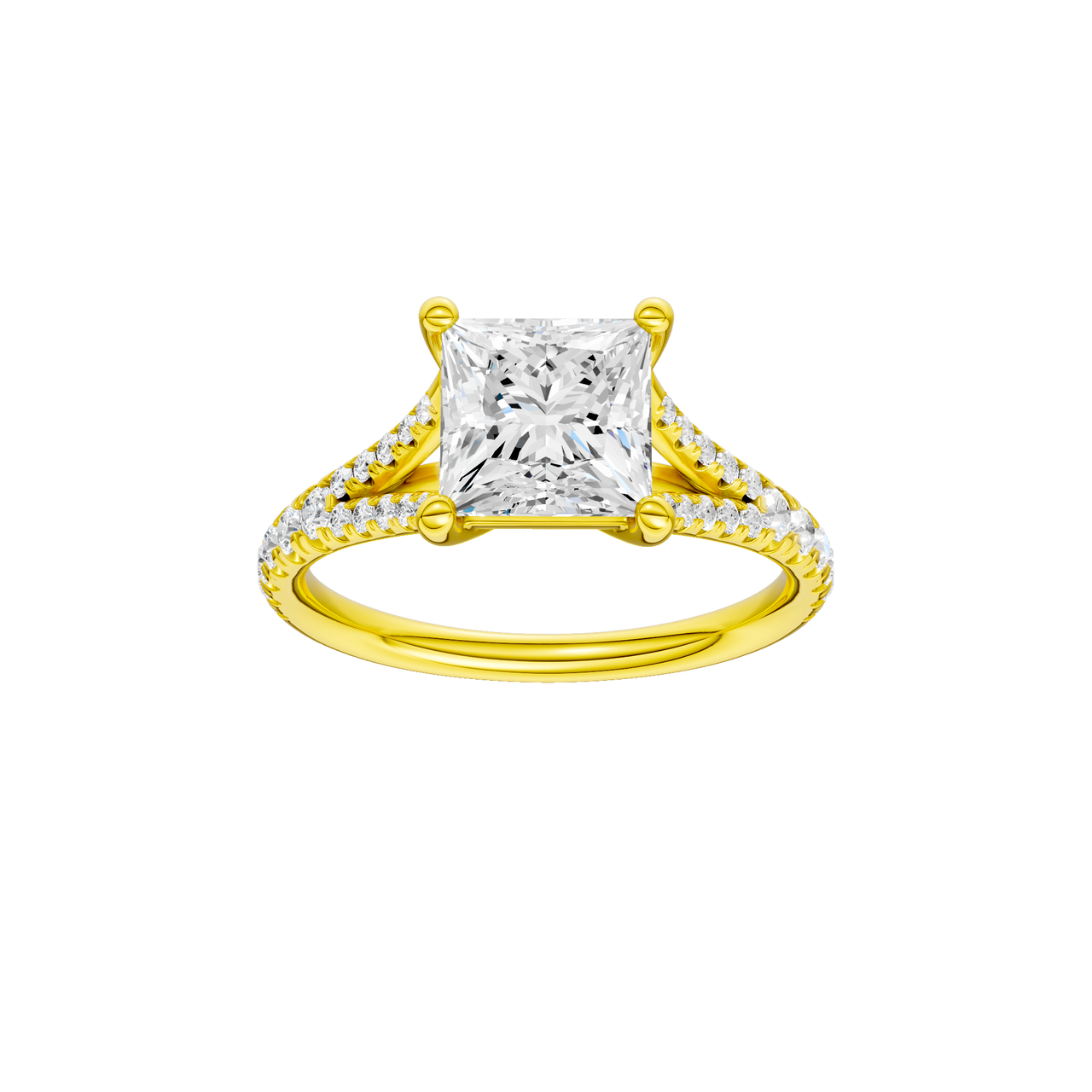 A front view of the Princess cut diamond engagement ring in 14k yellow gold with a prong band and solitaire setting