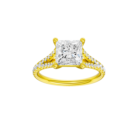 A front view of the Emerald cut diamond engagement ring in 14k yellow gold with a prong band and solitaire setting