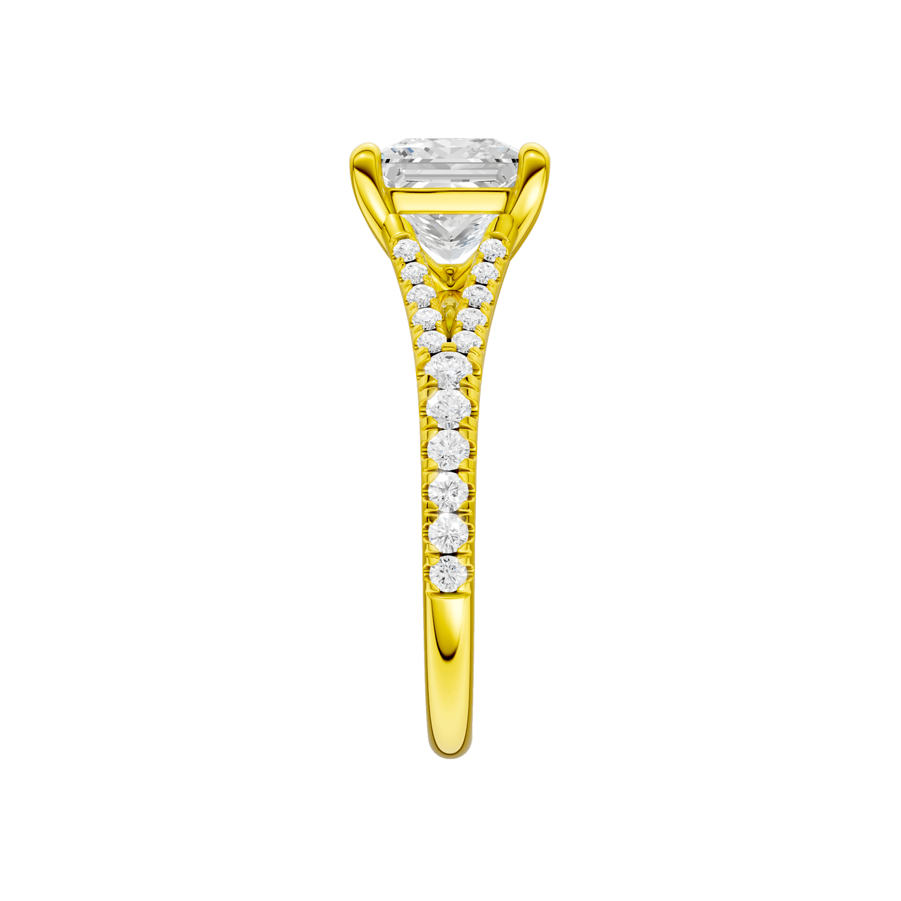 A side view of the Emerald cut diamond engagement ring in 14k yellow gold with a prong band and solitaire setting