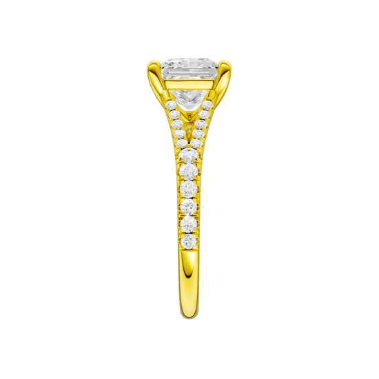 A side view of the Princess cut diamond engagement ring in 14k yellow gold with a prong band and solitaire setting