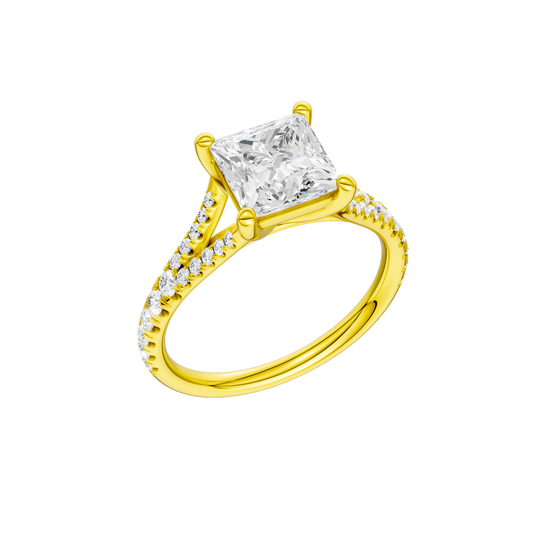 A three-quarter view of the Emerald cut diamond engagement ring in 14k yellow gold with a prong band and solitaire setting