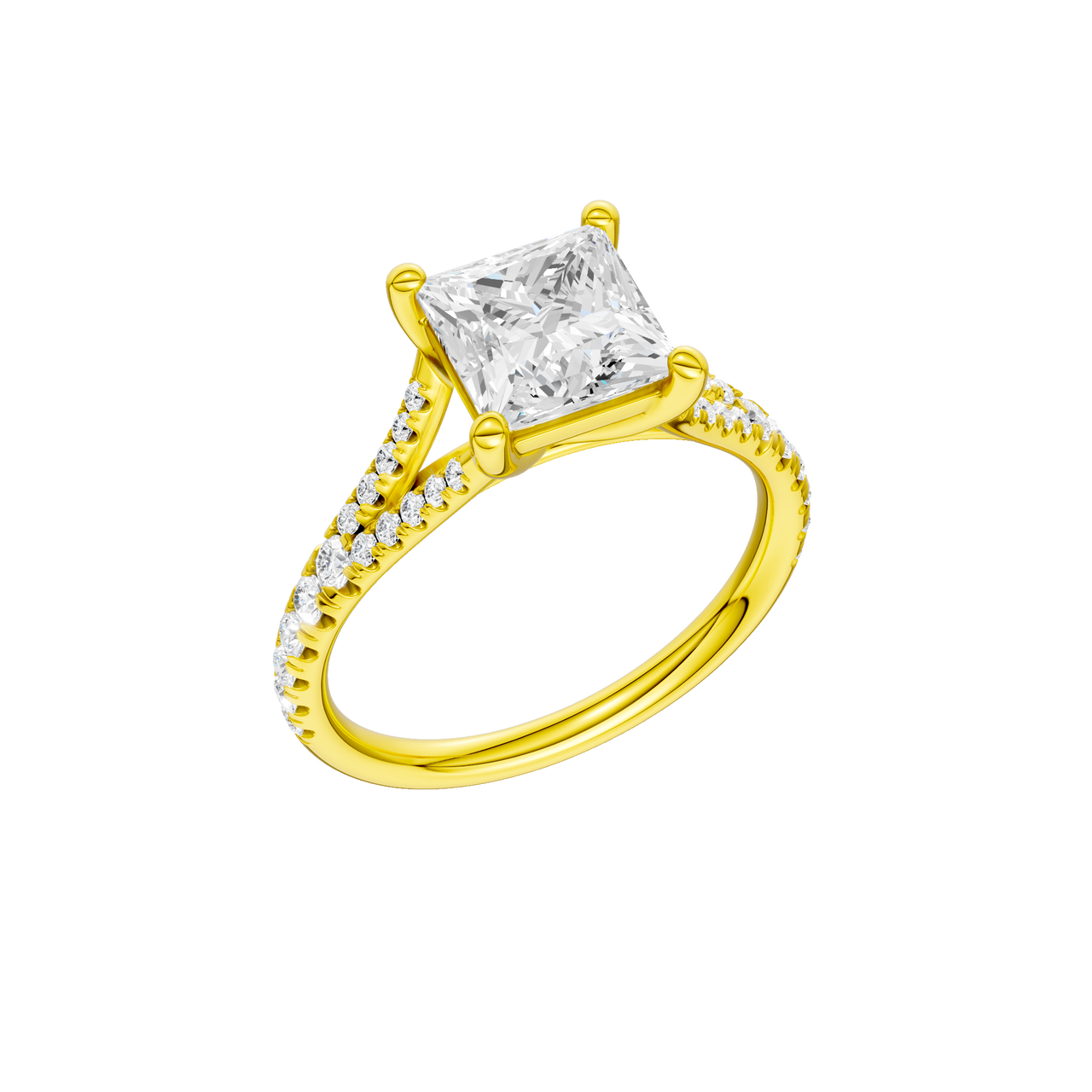 A three-quarter view of the Emerald cut diamond engagement ring in 14k yellow gold with a prong band and solitaire setting