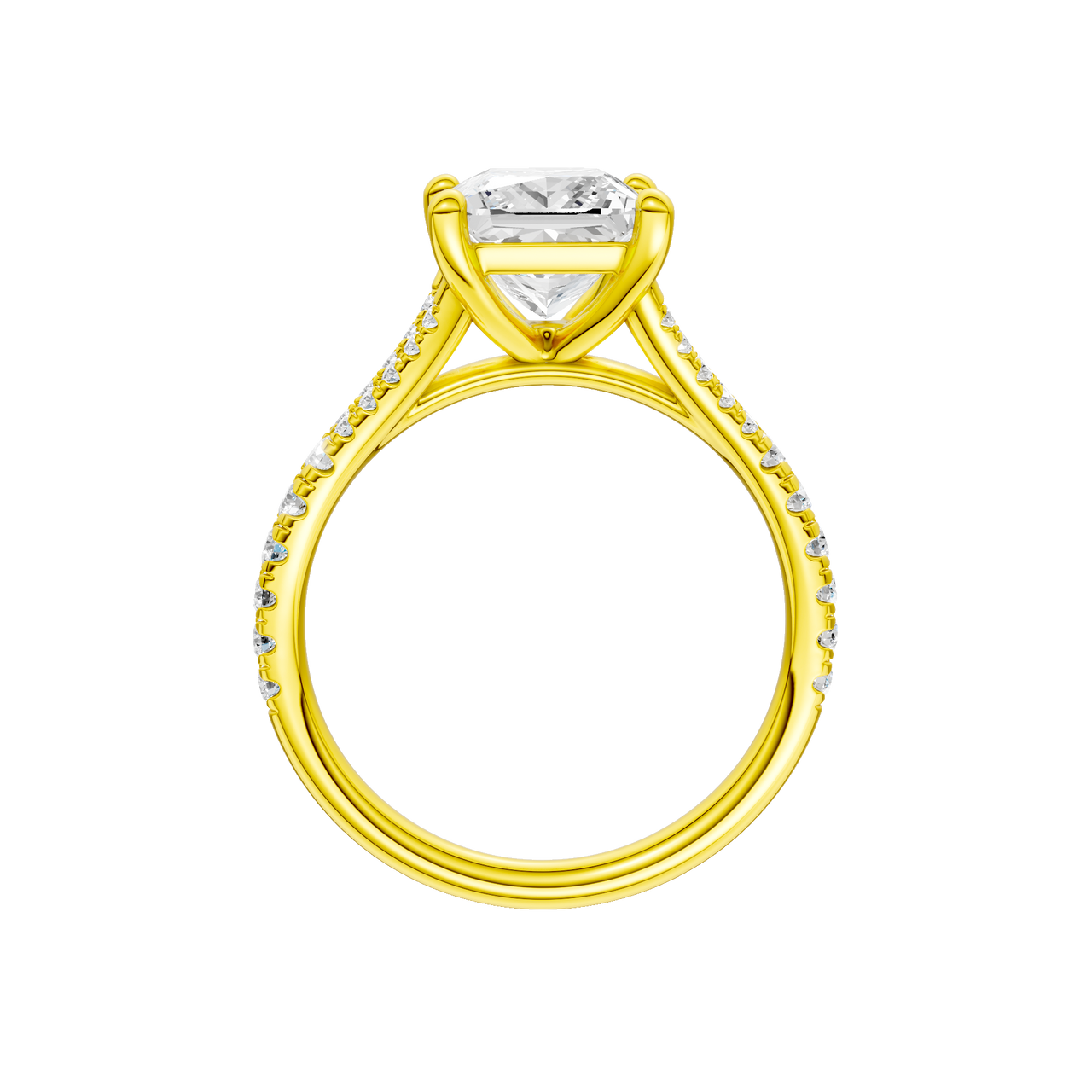 A side view of the Emerald cut diamond engagement ring in 14k yellow gold with a prong band and solitaire setting