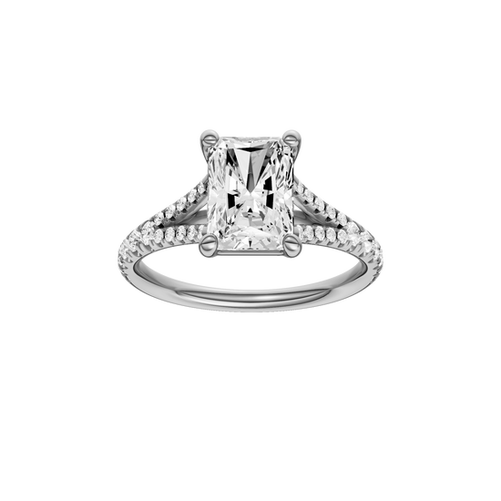 A front view of the Radiant cut diamond engagement ring in platinum with a diamond band and solitaire setting