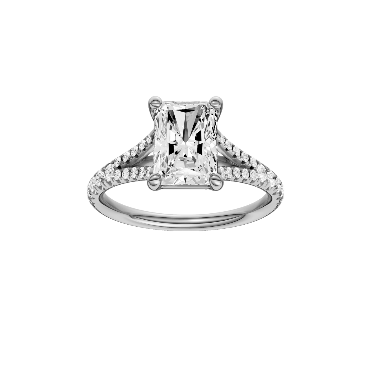 A front view of the Radiant cut diamond engagement ring in platinum with a diamond band and solitaire setting