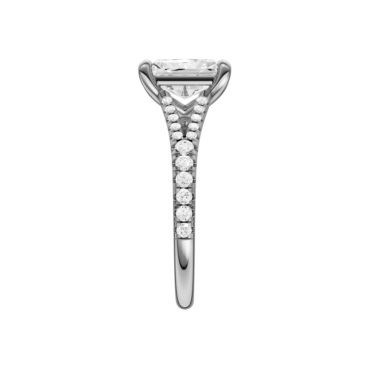 A side view of the Radiant cut diamond engagement ring in 14k white gold with a diamond band and solitaire setting