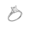 A three-quarter view of the Radiant cut diamond engagement ring in 14k white gold with a diamond band and solitaire setting