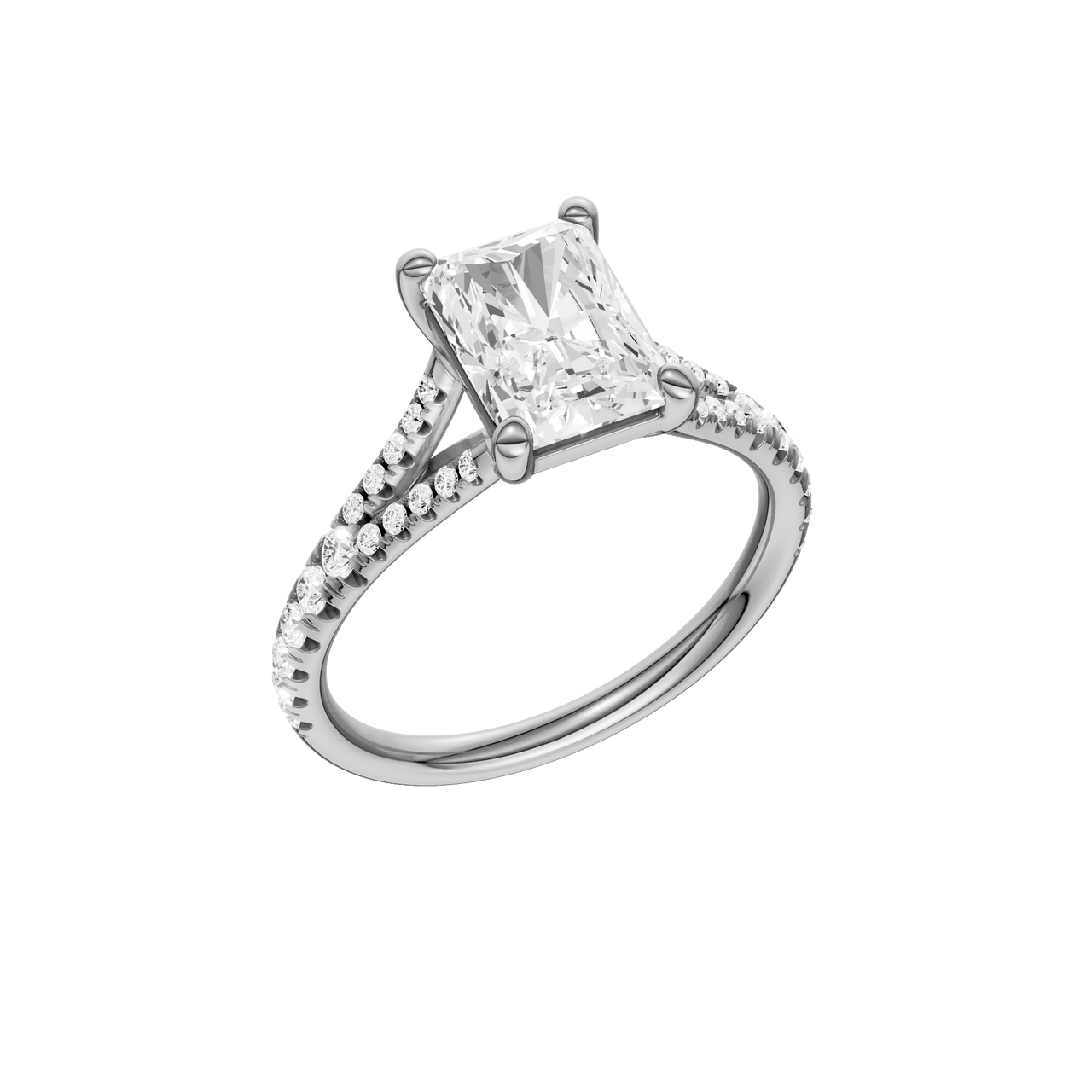 A three-quarter view of the Radiant cut diamond engagement ring in 14k white gold with a diamond band and solitaire setting