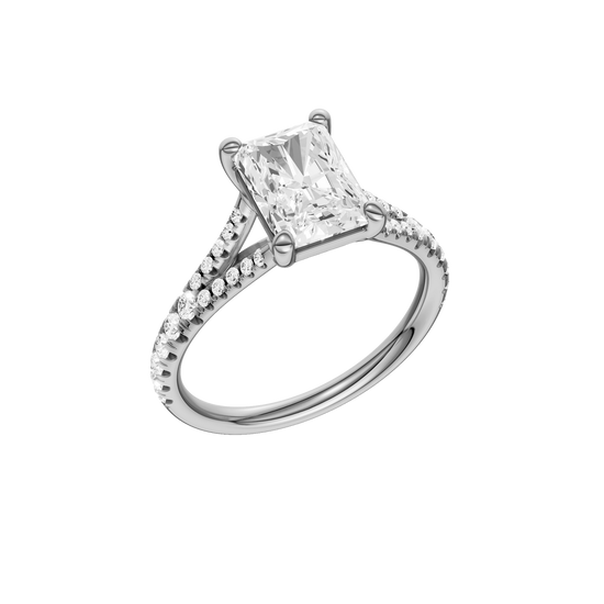 A three-quarter view of the Radiant cut diamond engagement ring in platinum with a diamond band and solitaire setting