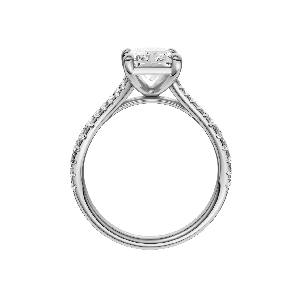 A profile view of the Radiant cut diamond engagement ring in platinum with a diamond band and solitaire setting