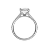 A profile view of the Radiant cut diamond engagement ring in 14k white gold with a diamond band and solitaire setting