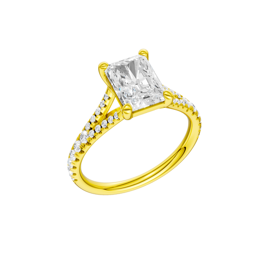 A three-quarter view of the Radiant cut diamond engagement ring in 14k yellow gold with a diamond band and solitaire setting