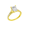 A three-quarter view of the Radiant cut diamond engagement ring in 14k yellow gold with a diamond band and solitaire setting