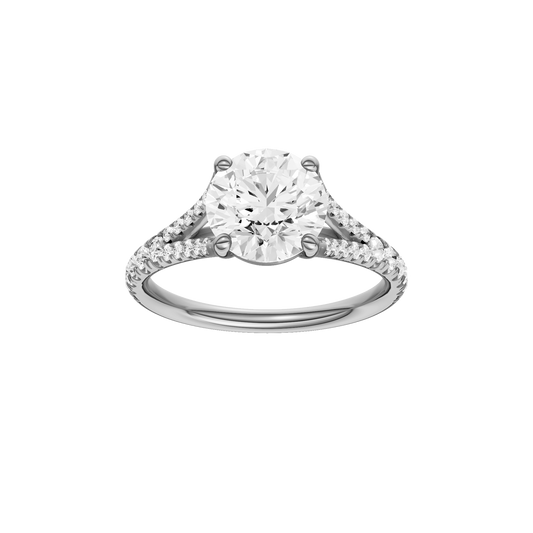 A front view of the Round cut diamond engagement ring in 14k white gold with a diamond band and solitaire setting