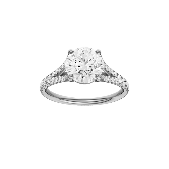 A front view of the Round cut diamond engagement ring in platinum with a diamond band and solitaire setting