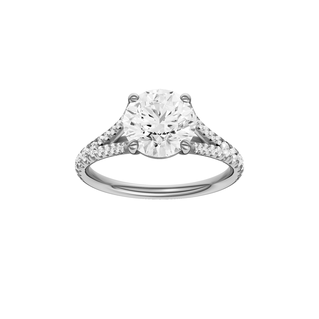 A front view of the Round cut diamond engagement ring in platinum with a diamond band and solitaire setting